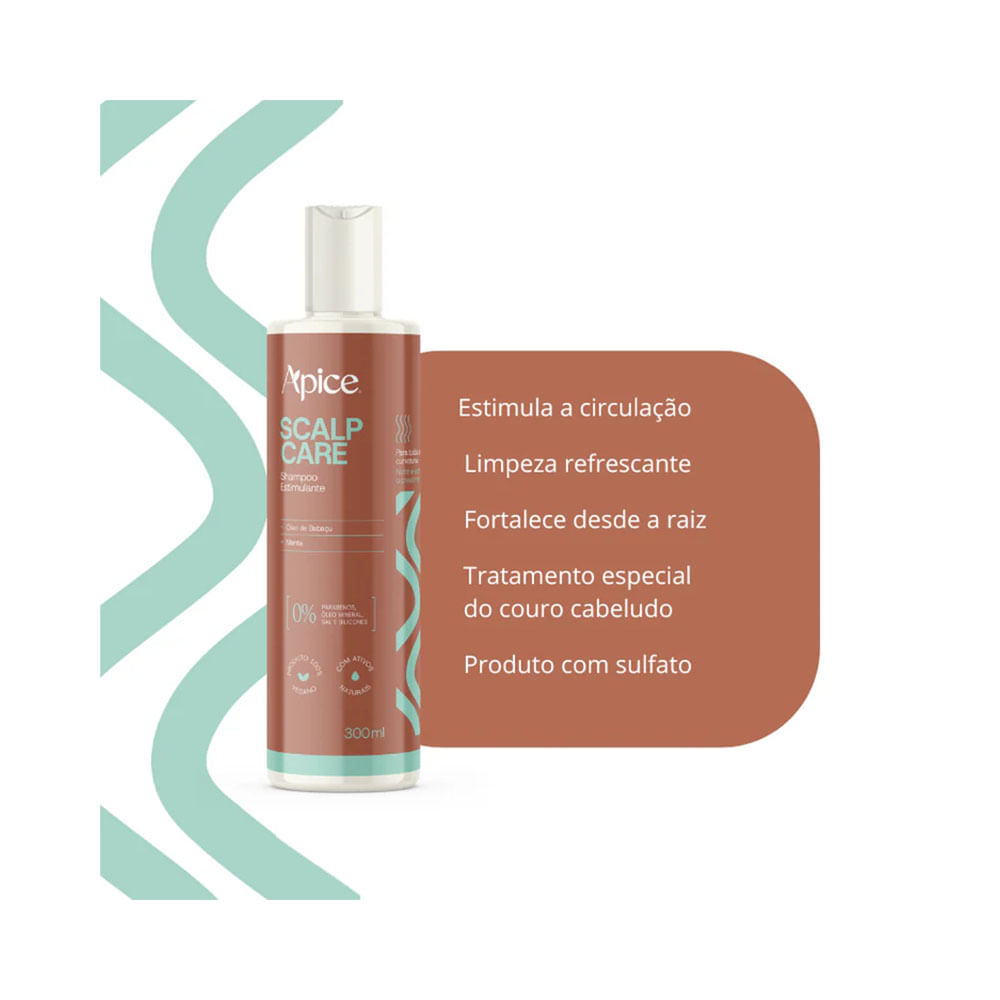 Shampoo Apice Scalp Care Estimulante 300ml com texto informativo e elementos gráficos verde água